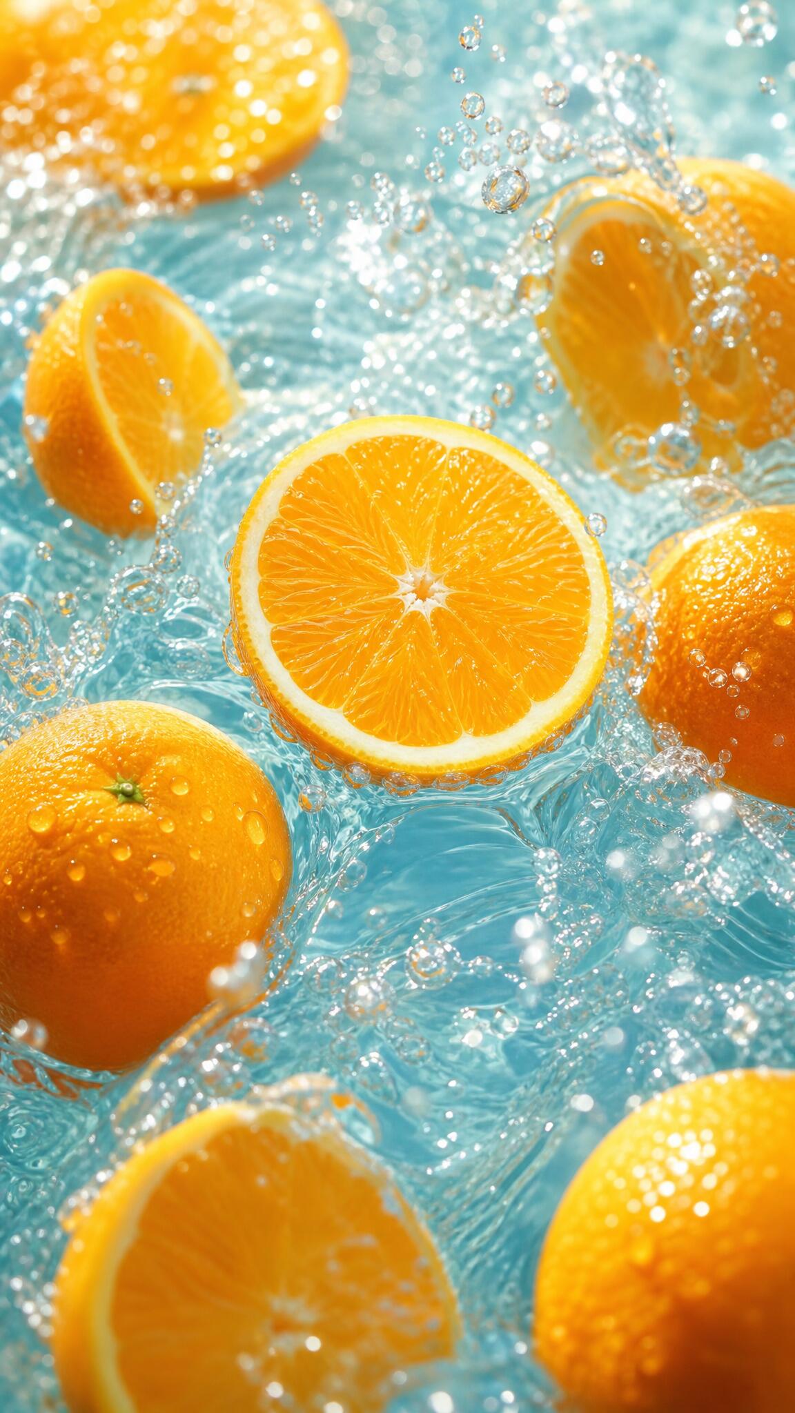 清透海蓝色水花中漂浮的鲜橙与多汁橙子切面